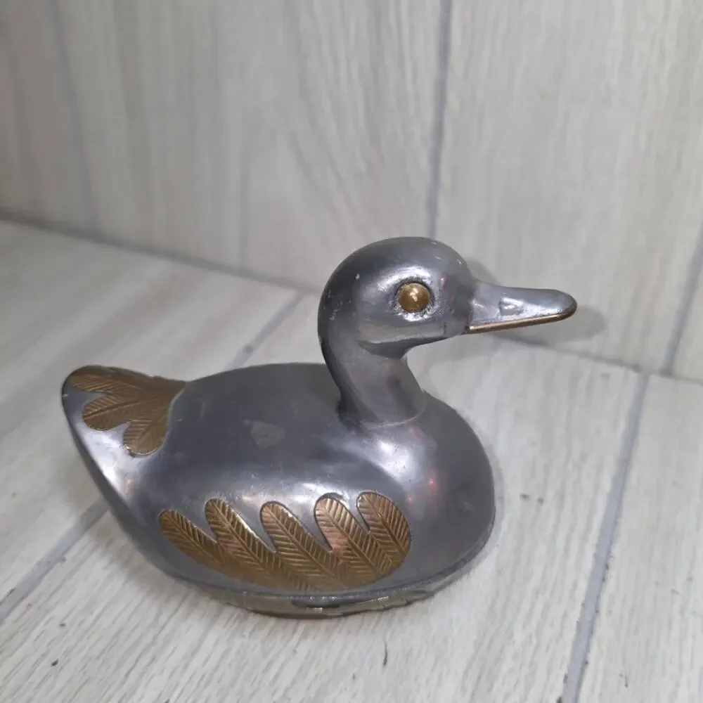 Vtg 1960s Pewter & Brass Duck Trinket Dish Bird Figurine Silver & Gold Jewlery